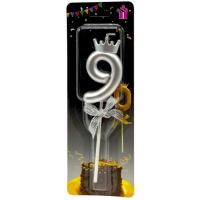 Свічка-цифра 9 з короною (СРІБЛО) 14 см MIC JY-1064/TY-S1