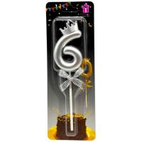 Свічка-цифра 6 з короною (СРІБЛО) 14 см MIC JY-1064/TY-S1