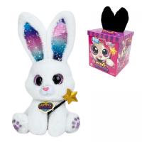 Інтерактивна іграшка Магічне зайченя, сидяча, вушка підсвічуються, пісні англійською, відтворює мелодії, реагує на дотик палички до носа, в коробці, (БІЛИЙ) MIC M19773