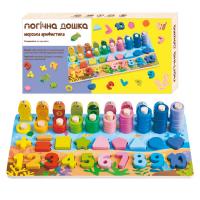 Дошка логічна, деревʼяна (сортер, магнітна риболовля, назви цифр англійською, деревʼяні кілочки, геометричні фігури, кольорові кільця) Wtoys 32521