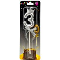 Свічка-цифра 3 з короною (СРІБЛО) 14 см MIC JY-1064/TY-S1