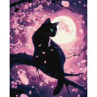 Картина за номерами Чарівний кіт серед сакури з фарбами металік, 40х50 см Ідейка KHO6757
