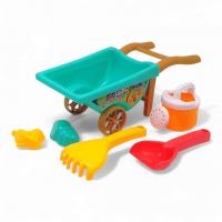 Пісочний набір - тачка, лійка, граблі, лопатка, 2 формочки (бірюзовий) MIC 733-358