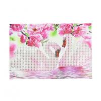 Алмазна мозаїка без підрамника "Пара лебедів серед рожевих квітів" YAB26246, 10х15 см