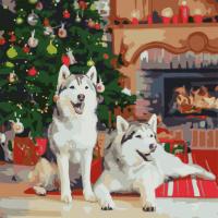 Картина по номерах Хаскі біля каміну 40х40 см Strateg FF-1004