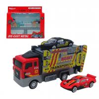 Трейлер-автовоз з запуском (дорогою) + 2 металеві машинки (червоний) TIAN HONG Toys TH414