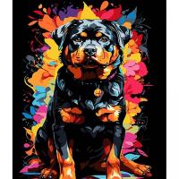 Картина за номерами на чорному фоні Ротвейлер на фоні кольорових квітів 30х40 Strateg FH-10