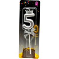 Свічка-цифра 5 з короною (СРІБЛО) 14 см MIC JY-1064/TY-S1
