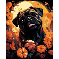 Картина по номерах на чорному фоні Мопс у квітах 40х50 см Strateg AH1228-18
