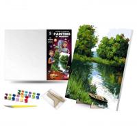 Картина по номерах 40х50 см Човен на річці з деревʼяною підставкою qbee QB900-045