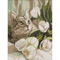 Алмазна мозаїка "Зеленоокий кіт з тюльпанами" AMO20099, 30х40 см