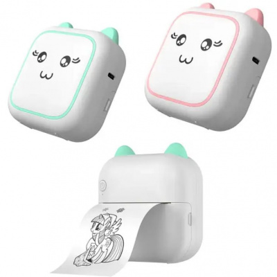 Термопринтер Котик, чорно-білий колір друку, Bluetooth, USB-кабель, рулон термопаперу (біло-бірюзовий) MIC C66624