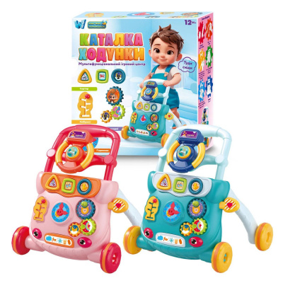 Каталка-ходунки (Бірюзовий) ОЗВУЧУВАННЯ УКРАЇНСЬКОЮ МОВОЮ, шестерні, геометричний сортер, іграшкове кермо, підсвічування, пісні, пальчикові ігри, в коробці Wtoys 47256