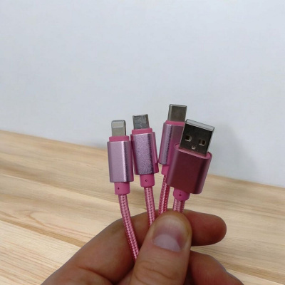 Кабель тканинний 3 в 1, MicroUSB, Type-C та Lightning (рожевий) MIC MBS142