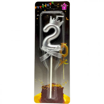 Свічка-цифра 2 з короною (СРІБЛО) 14 см MIC JY-1064/TY-S1