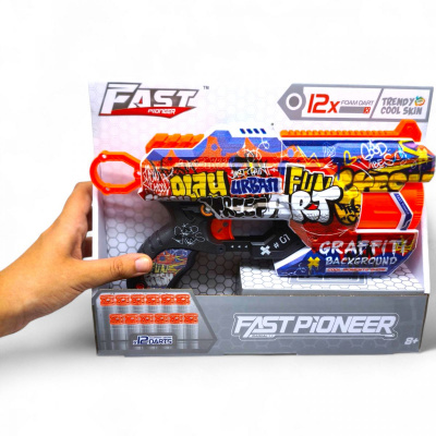 Іграшковий пістолет мех. з барабаном та мʼяк. набоями (12 шт.) (Божевільні Ікла) (28 х 17,4см) MIC BH133