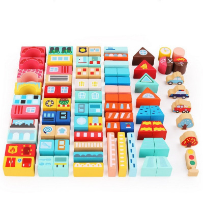 Дерев'яний конструктор "Місто" C 75545, 12 пазлів, 88 деталей