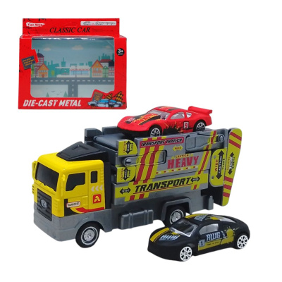 Трейлер-автовоз з запуском (дорогою) + 2 металеві машинки (жовтий) TIAN HONG Toys TH414