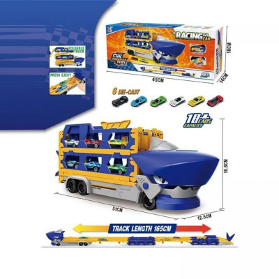 Трейлер трек з машинками та великим автовозом в коробці MIC K305
