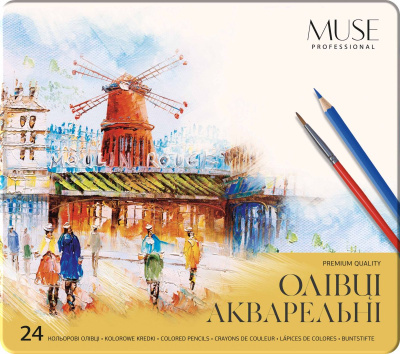 Олівці акварельні шестигранні 24 кольори з пензликом металева коробка MUSE 103M-24