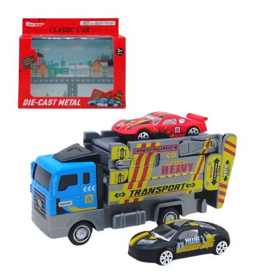 Трейлер-автовоз з запуском (дорогою) + 2 металеві машинки (синій) TIAN HONG Toys TH414