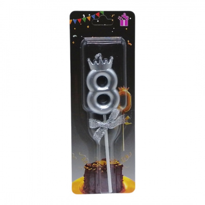 Свічка для торта Цифра 8 з короною (срібло) MIC JY-1064/TY-S1