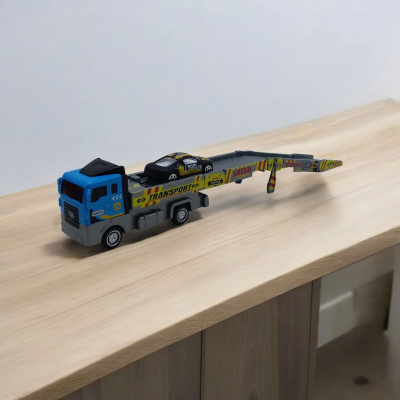Трейлер-автовоз з запуском (дорогою) + 2 металеві машинки (синій) TIAN HONG Toys TH414
