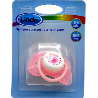 Пустушка латексна, з прикусом (від 0 до 6 міс) рожева пташка Lindo Pk 012/0-6