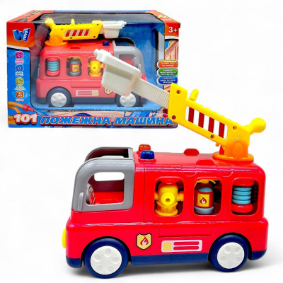 Музична машинка Пожежна машина (пісні, цікаві факти, віршики, підсвічування, сирена, 2 режими гучності, тріскачки, телескопічна драбина обертається на 360°, фігурка пожежника) Wtoys 11516