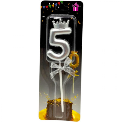 Свічка-цифра 5 з короною (СРІБЛО) 14 см MIC JY-1064/TY-S1
