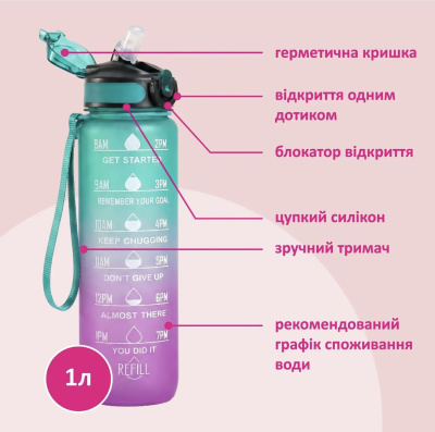 Пляшка для води 1000 мл, трубочка, в пакеті (ПОМАРАНЧЕВА) МІС C76393