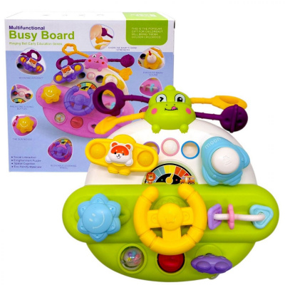 Бізіборд “Кермо”, гумові мотузочки, спінер, пальчикові ігри, попіт, пискавка, тріскачка, замок запалювання, 2 кріплення на липучках, в коробці (ЗЕЛЕНИЙ) MIC 666-3