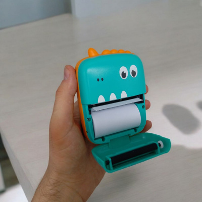 Термопринтер Динозавр чорно-білий колір друку, 14 рулонів паперу, маркери (бірюзовий) MIC C66629