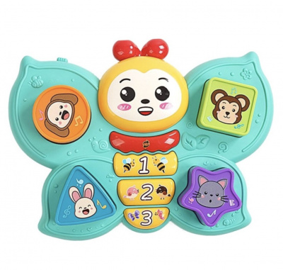 Музичний метелик, ОЗВУЧУВАННЯ УКРАЇНСЬКОЮ МОВОЮ, пісні, мелодії, загадки, звуки тварин, підсвічування, сортер, в коробці МІС 47411