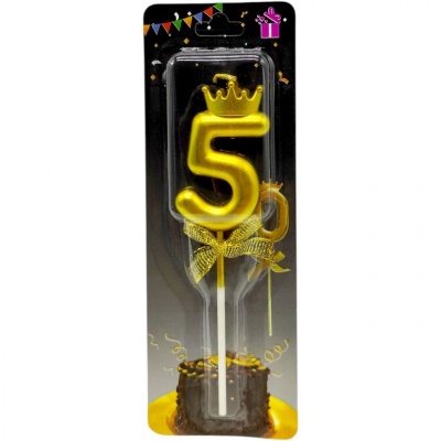 Свічка-цифра 5 з короною (ЗОЛОТО) 14 см MIC JY-1064/TY-S1