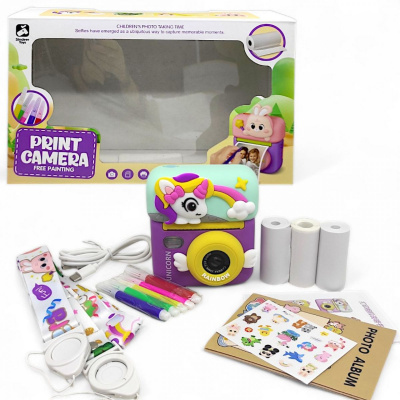 Фотоапарат-термопринтер Print Camera: Единоріг, чорно-білий друк, з фломастерами, 3 рулони паперу Sindeer Toys M12U