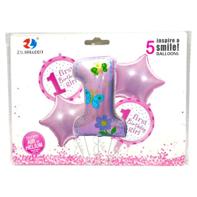 Кулі фольговані набір First birthday-Girl 5шт.=1шт*80см+4шт*45см Z.Y. BALLON 36130